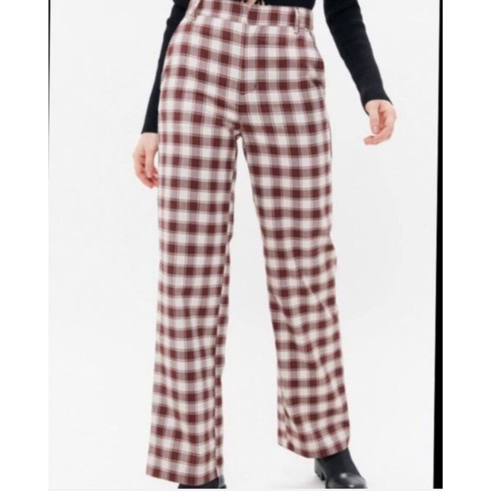 Women's Urban Outfitters Plaid Wide Leg Pants White Brown Size 10